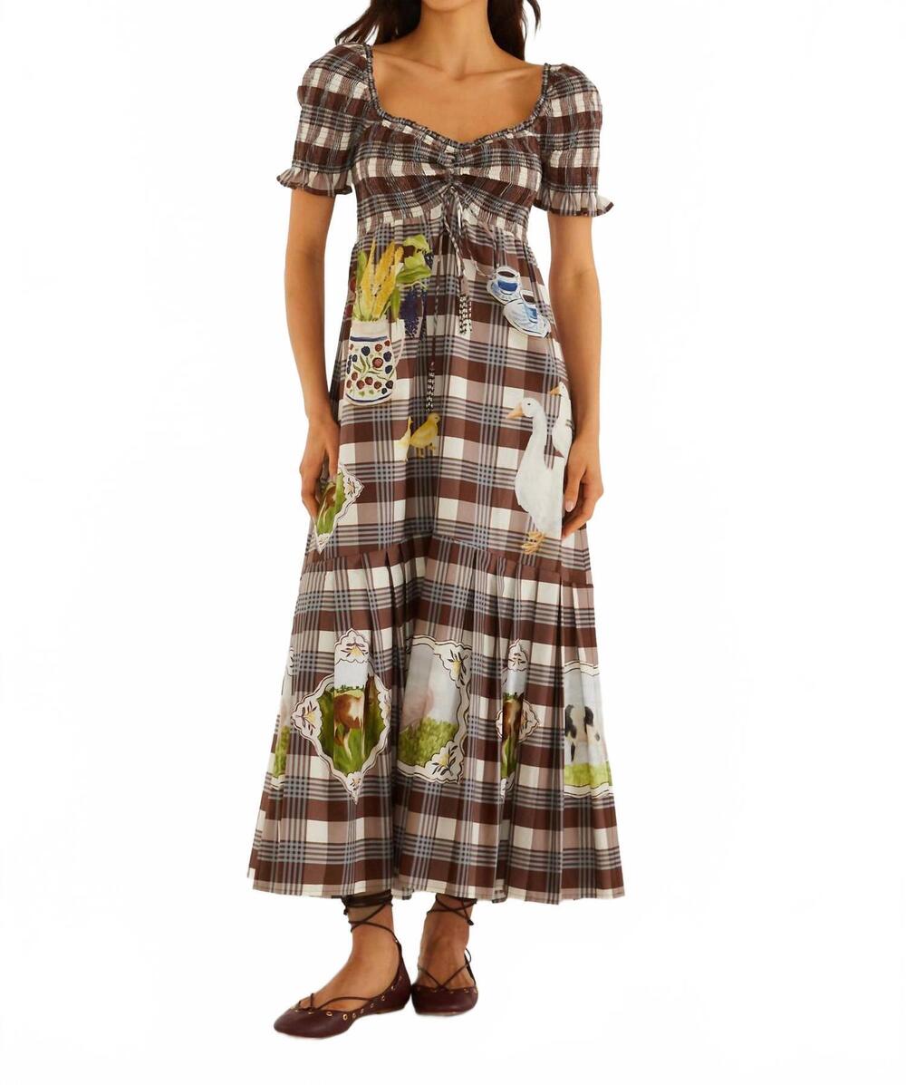 NEW FARM RIO country table tartan midi smocked dress in brown multi